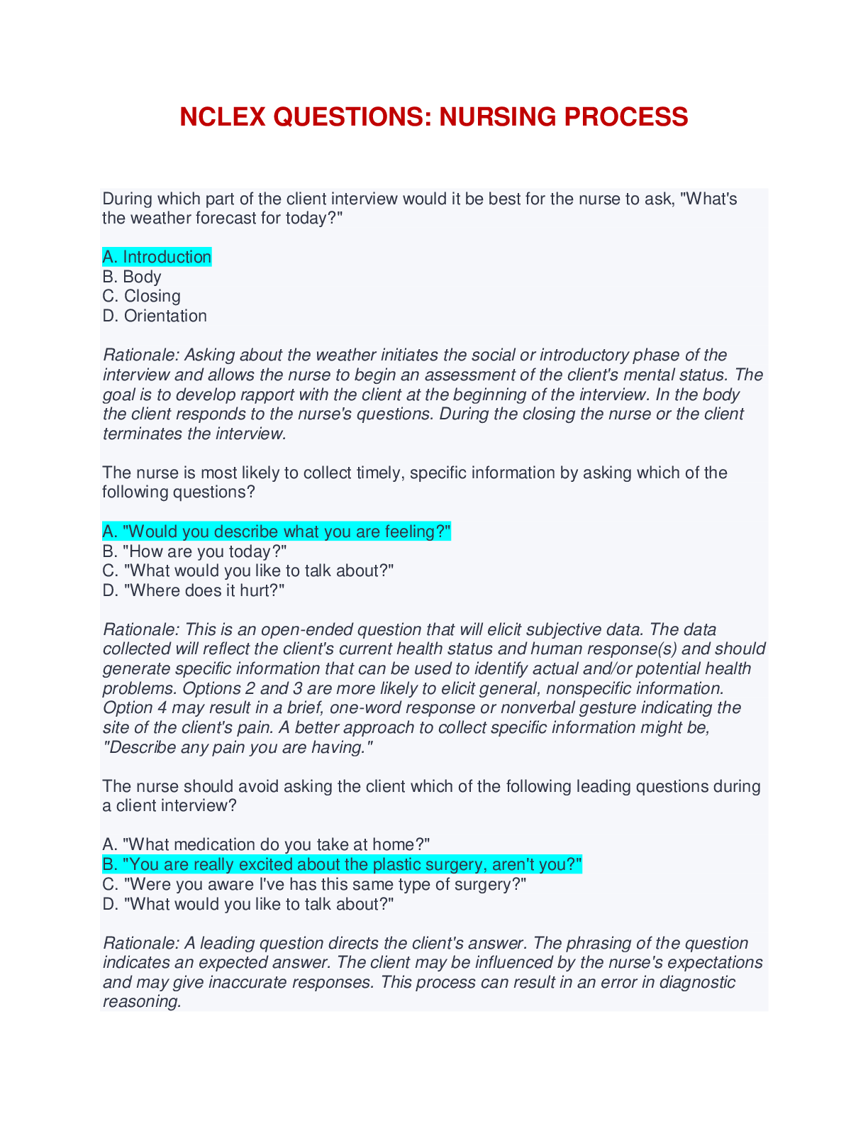 Preview image of NCLEX QUESTIONS: NURSING PROCESS – QUESTION, ANSWERS & RATIONALES document